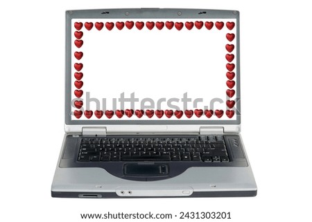 Lap Top Computer. Hearts. Valentines Day Hearts. Isolated on white. Room for text. Love Symbol. Note Pad. Message Pad. Peace and Love. Love Symbol. Heart Frame. Human Hearts. Love Hearts. Sweet Heart.