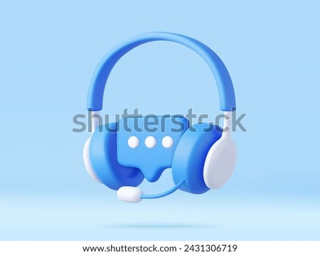 3D headphones with microphone and speech bubble. Hotline support service with headphones. Call center concept. Online user consultation. 3d rendering. Vector illustration Royalty-Free Stock Photo #2431306719