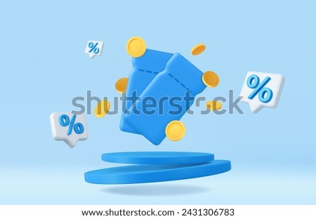 3d coupon with coins in blue podium background. Voucher card cash back template design with coupon promotion. 3d rendering. Vector illustration