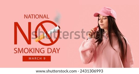 Young woman with electronic cigarette on pink background. Banner for No Smoking Day