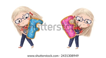 Cute little girl with chocolate donut- letter F. Tasty set on white background. Learn alphabet clip art collection