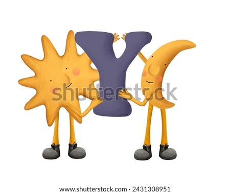 Bright cartoon alphabet. Cute and funny moon and sun with letter Y. Illustration for kids on white background