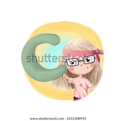 Cute little girl with letter C. Colorful cartoon graphics. Learn alphabet clip art collection on white background