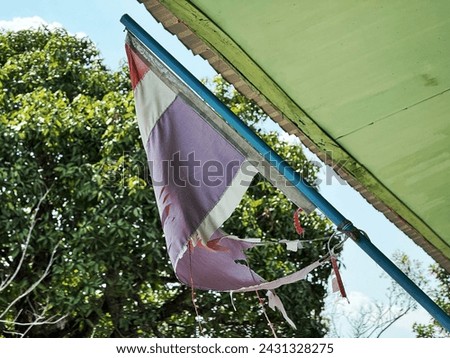 The photo shows a purple, white, and red flag on a blue flagpole. The flag has a white field with a red chevron in the center, and a purple stripe along the bottom. The flag is waving in the wind.
