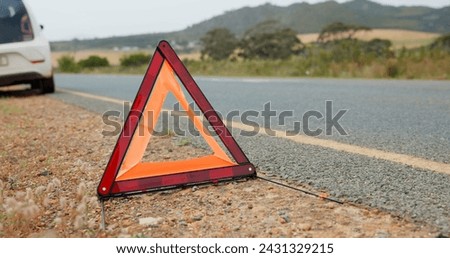 Road, triangle and car breakdown for shape, sign or vehicle assistance in the outdoor countryside. Asphalt, street or sidewalk safety symbol for warning, signal or traffic control to alert attention