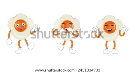 Fried egg with cute face lying cartoon illustration. Chicken egg for breakfast. Happy fried egg character. Easter, cooking, food, emotion concept