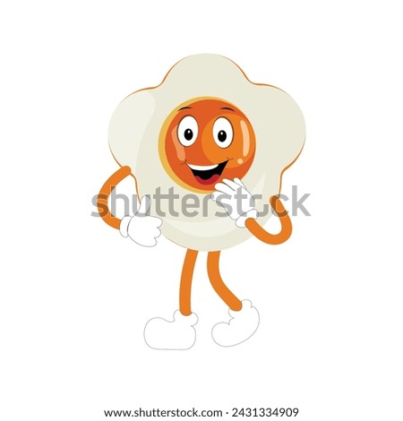 Fried egg with cute face lying cartoon illustration. Chicken egg for breakfast. Happy fried egg character. Easter, cooking, food, emotion concept