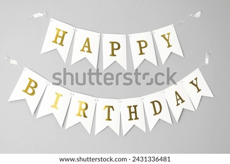 Card template with white Happy Birthday banner flags isolated on grey background. Paper decoration for birthday party.