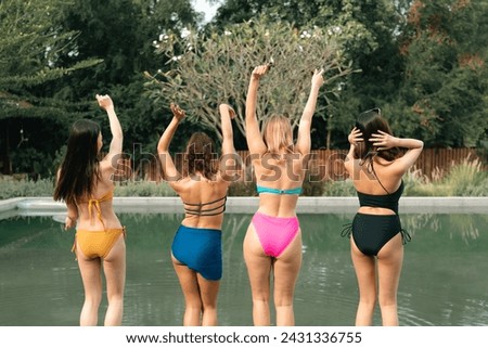 happy friend group having holiday party together at swimming pool water, man person and woman smiling fun in swimwear bikini in summer vacation, young friendship enjoyment to swim in outdoor lifestyle