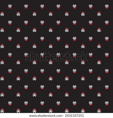 Seamless pirate vector pattern. Repeating print with white skulls with eye patches, earrings and red bandanas on a black background. Apparel textile print.
 Royalty-Free Stock Photo #2431337251