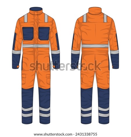 Illustration of work wear front and back view. Hi-vis wearpack mockup. Coverall vector Royalty-Free Stock Photo #2431338755