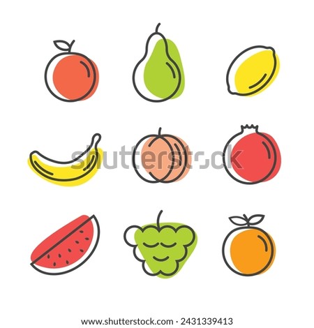 Line fruit set. Tropical outline fruits with colour. Linear style vector illustration isolated on white background.
