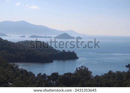 A photo of Katranci bay(cove) and island. Katrancı Cove which is 15 km away from Fethiye, Turkey