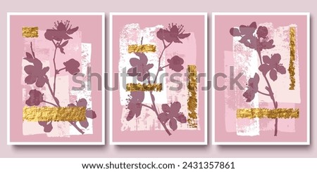 Wall art triptych. Sakura, cherry blossoms, tree branch. Grunge brush strokes. Golden foil texture. Composition for card, poster, painting design.