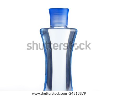 Blue shampoo bottle against a white background.