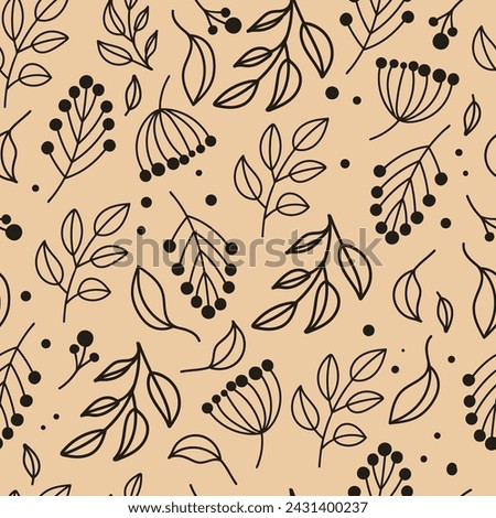 Cute background with grasses and flowers, leaves and flowers simple shapes, naive pattern. Vector seamless pattern