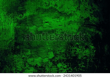 Black dark bright green grunge background. Old concrete wall surface. Close-up. Oil paint. Rough dirty broken distressed damaged decay. Scary creepy spooky evil ominous.