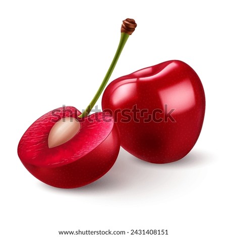 Ripe red sweet cherries with smooth skin, juicy light red flesh, and small pits Royalty-Free Stock Photo #2431408151