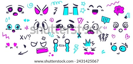 Anime emotion big set with effects symbols. Vector illustration cartoon anime doodle style