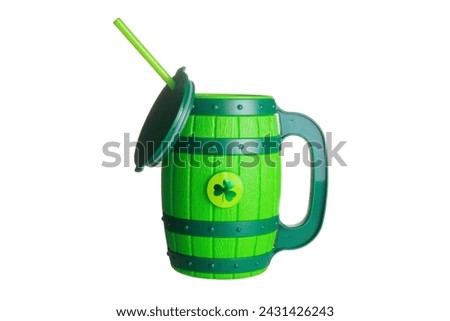 Saint Patrick's Day Mug. Beer Mug. Soda Mug. Coffee Cup. Irish Drinking Mug. Cup with a lid and a straw. Happy St. Patrick's Day. Isolated on white. Clipping Path. Room for test. Luck of the Irish.  Royalty-Free Stock Photo #2431426243