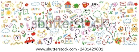 Cute kid scribble doodle icons set. Various icons such as hearts, stars, speech bubbles, arrows, lines. Hand drawn childish funny simple vector illustrations.