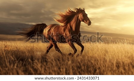 Majestic Horse in Golden Field at Sunset horses in field Royalty-Free Stock Photo #2431433071