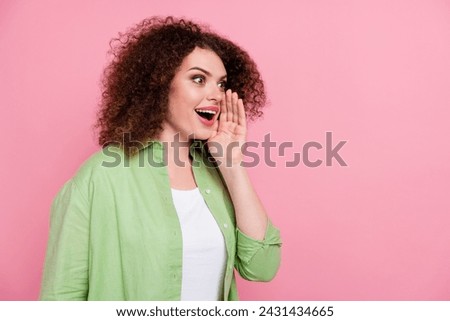 Photo portrait of lovely young lady hand cover mouth share secret dressed stylish green garment isolated on pink color background Royalty-Free Stock Photo #2431434665