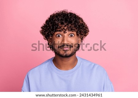 Photo of impressed shocked guy wear blue stylish clothes unexpected unbelievable sale offer isolated on pink color background Royalty-Free Stock Photo #2431434961