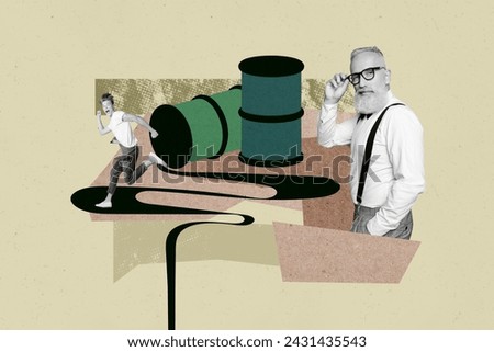 Creative picture collage retired gentleman running crazy shouting man nature ecological pollution oil barrels spill toxic harmful liquid