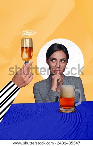 Vertical collage creative picture image flirty thoughtful young woman suit alcohol party cheers beer wine colorful unusual template