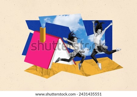 Cartoon picture collage graphics of young family mother and daughter jump together when relocated new house isolated on beige background