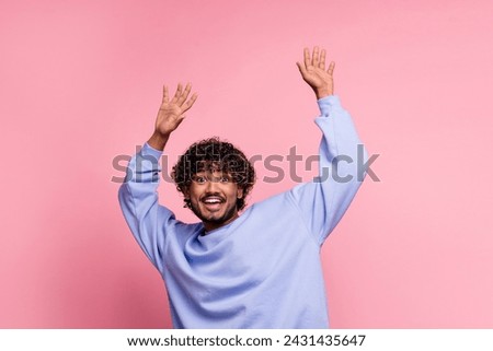 Photo of cheerful positive nice man wear blue trendy clothes dance freestyle night club isolated on pink color background