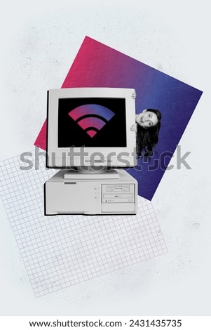 Vertical graphics collage image of happy young girl peek old computer screensaver wifi signal internet innovation speed isolated on white color background