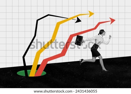 Creative collage picture of excited mini elegant black white colors girl run big arrow pointers hole isolated on checkered background