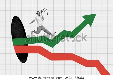 Creative collage of mini black white colors guy jump communicate loudspeaker hole big arrow up down indicator isolated on checkered background