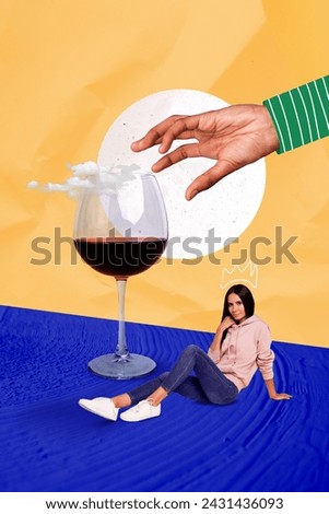 Vertical collage picture illustration positive happy excited young woman model party drink wine large glass creative colorful background