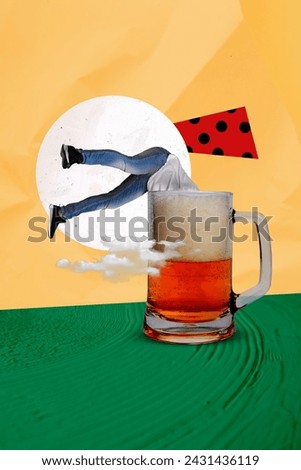 Vertical creative collage image illustration caricature absent half body drunk human beer bar colorful exclusive large glass template