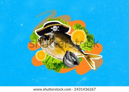 Collage of prepared cooked piranha fish pirate skull hat orange fruit slice lettuce leaves mouth tongue lick teeth isolated on blue background