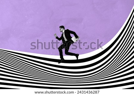 Lawyer man with laptop running on striped black white way collage illustration about new opportunities isolated over purple background