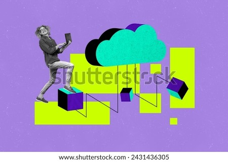 Creative photo collage picture yung crazy laughing man step cube internet connection cloud wireless digital cyber system drawing background