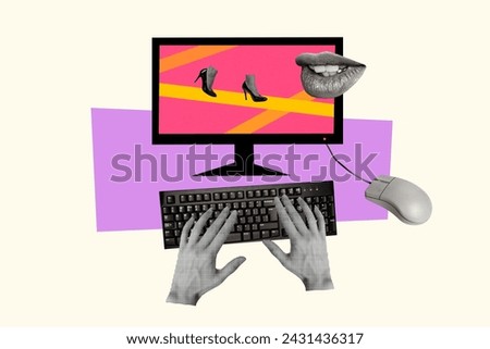 Creative collage picture human hands pc user browsing internet computer screen display eshop footwear order buy cutomer high heels