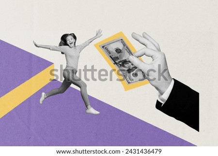 Photo cartoon comics sketch collage picture of arm paying cash carefree excited teen girl isolated graphical background