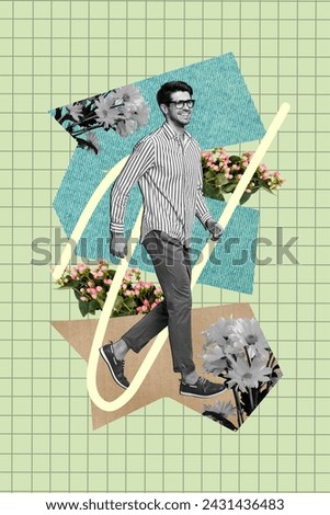 Vertical collage image of positive black white effect guy walk fresh flowers bouquets isolated on green checkered background