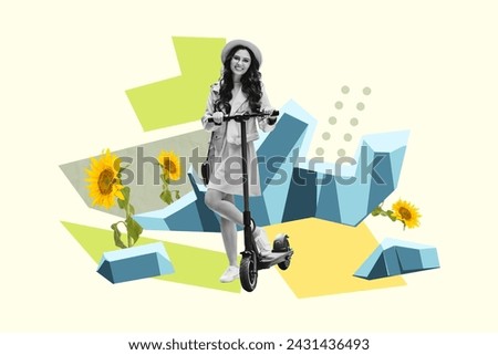 Creative collage image of cheerful black white effect girl drive electric scooter growing sunflower melting ice isolated on painted background