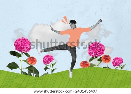 Exclusive picture sketch collage image of funny carefree guy enjoying growing flowers isolated creative background