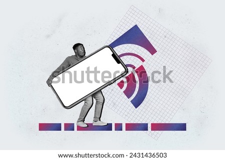 Composite 3d photo artwork graphics collage of shocked american guy hold big iphone phone fast 5g wifi connection isolated on grey color background
