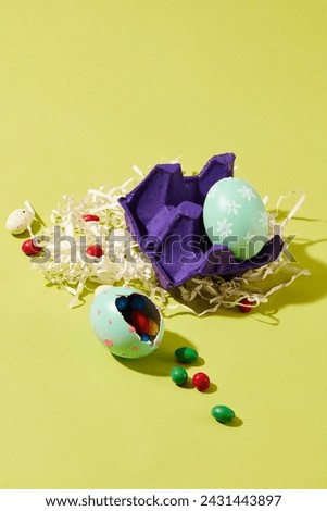Make your own cute eggs filled with chocolate to give to loved ones on Easter. On green background, paper cut into shreds with blister and Easter eggs decorated