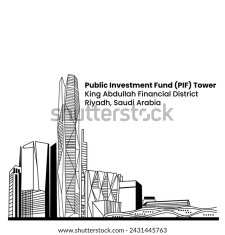 Public Investment Fund PIF Tower - King Abdullah Financial District, KAFD. Skycraper Tower in Riyadh Saudi Arabia Skyline City. Line art style Royalty-Free Stock Photo #2431445763
