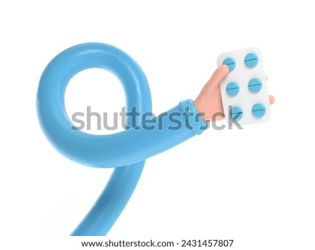 3d render. Pack of pills icon. Doctor or pharmacist cartoon hand with black skin holding drugs. Medical healthcare illustration. Pharmaceutical clip art.3D rendering on white background.long arms conc
