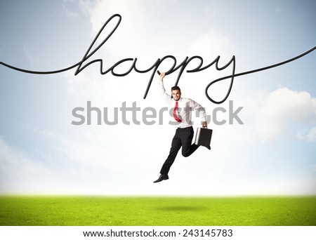 Businessman hanging on a happy rope 